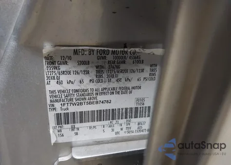 2011 Ford F-250 Lariat z USA, uszkodzony, nr VIN 1FT7W2BT5BEB74782